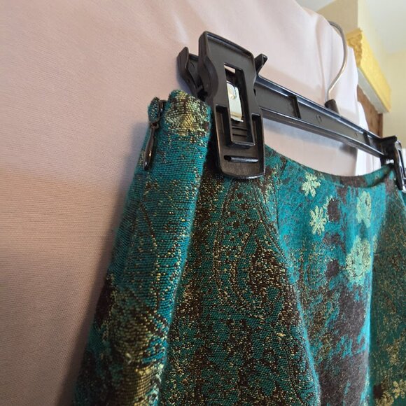BANU PARIS FLORAL BROCADE SKIRT SIZE 6 TEAL BROWN PRINT BOTTOM RUFFLE HEM - Picture 6 of 8